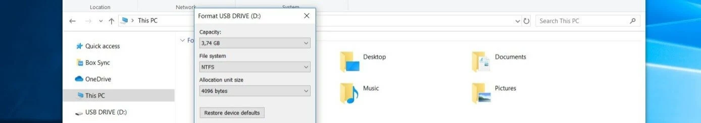 Windows 10: cuadro de diálogo “Formatear Unidad USB”