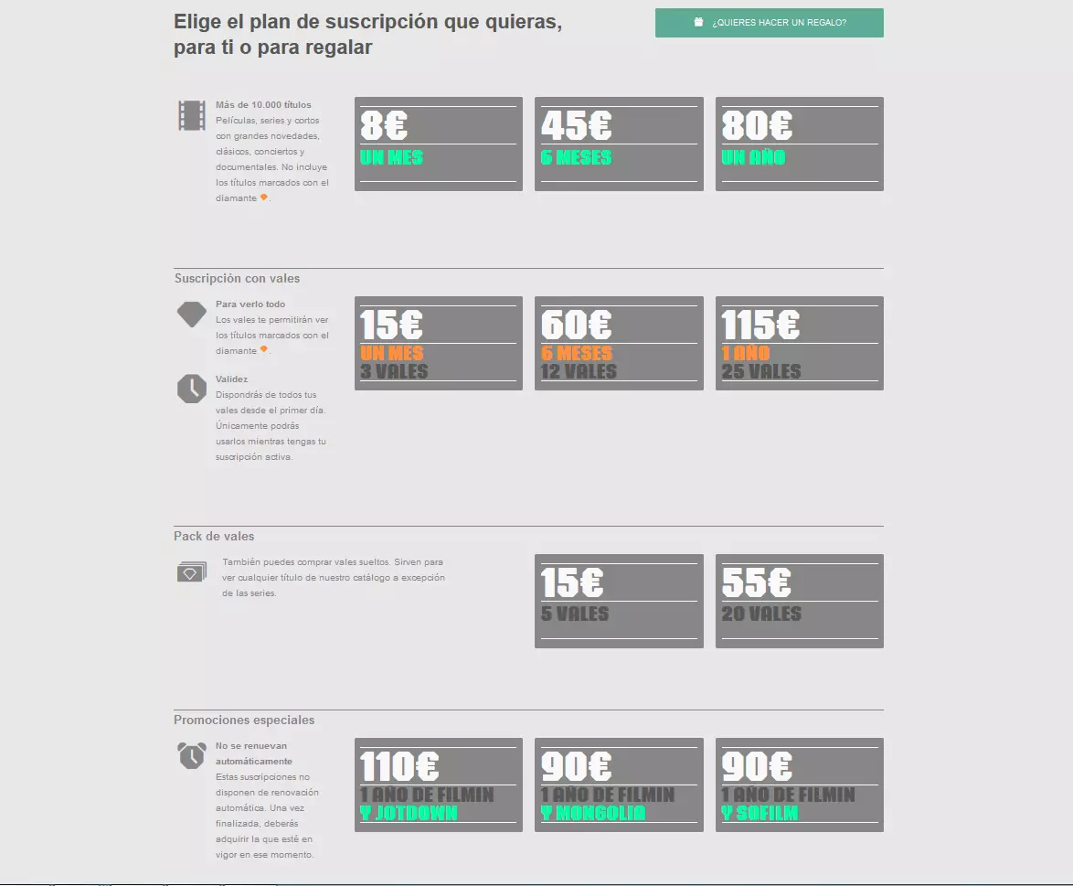 Planes de suscripción a Filmin