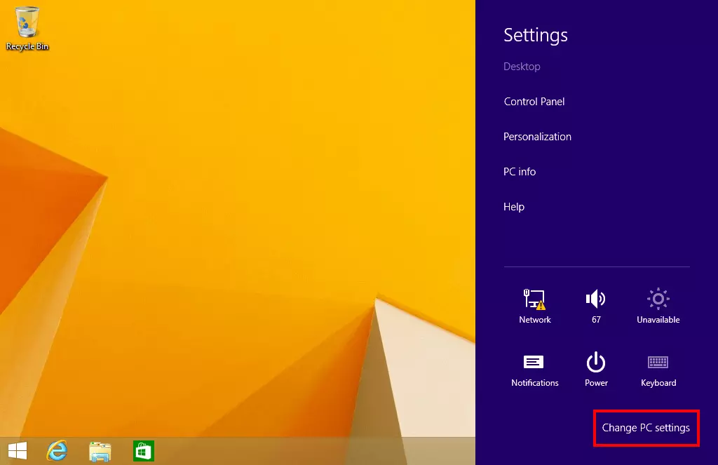 Un clic en “Cambiar la configuración de PC” te llevará a la restauración del sistema de Windows 8