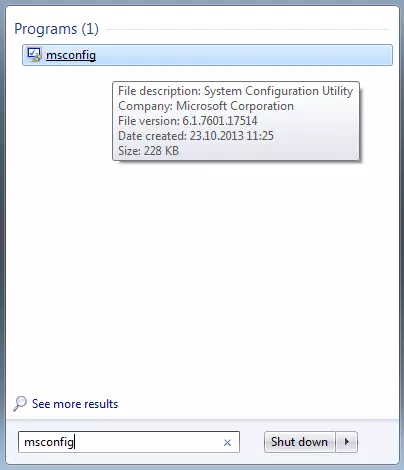 Vista de la búsqueda del programa para la configuración del sistema msconfig