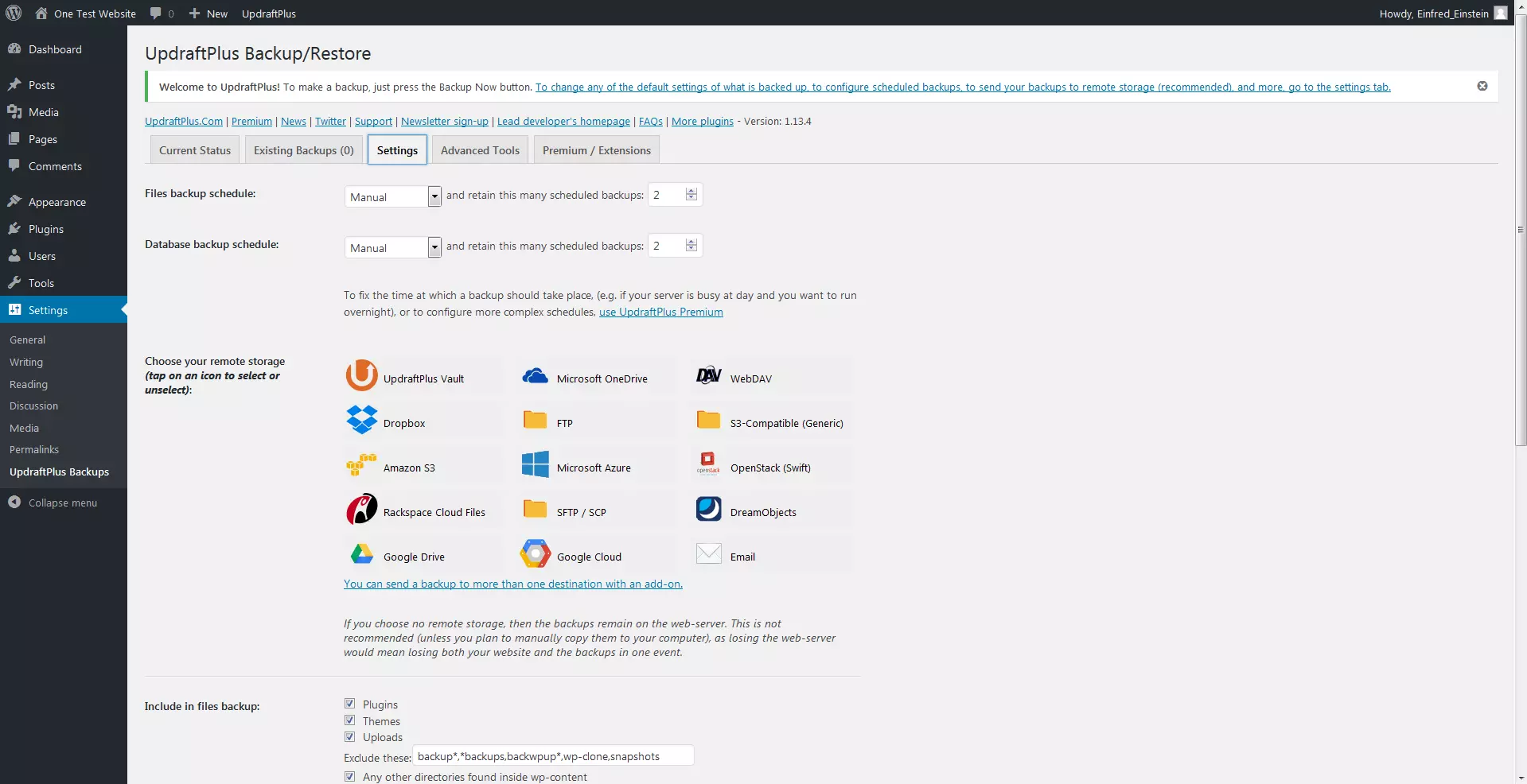 Menú de configuración del plugin UpdraftPlus