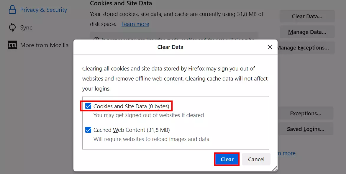 Borrar cookies en Firefox