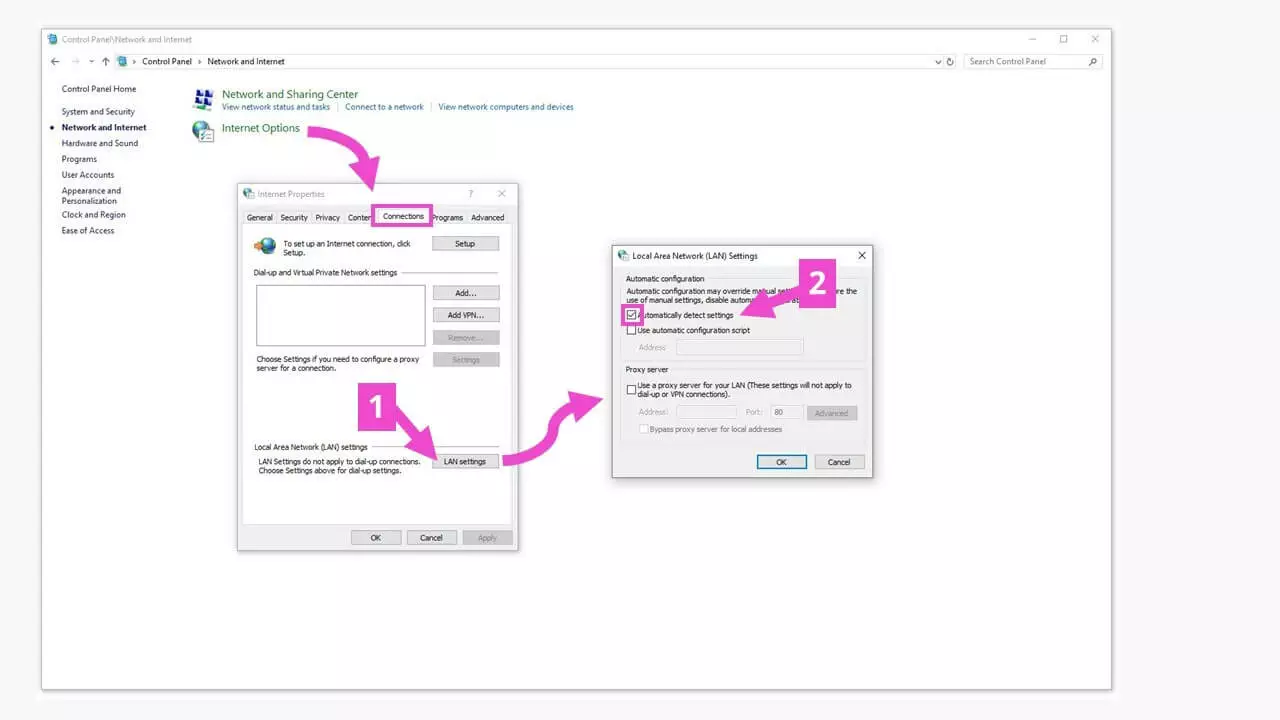 Panel de control de Windows: configuración de la conexión