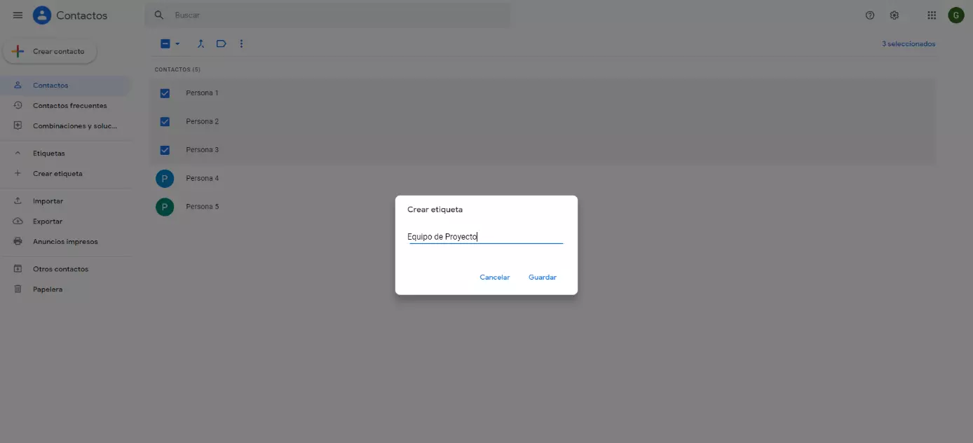 Contactos de Google: cuadro de diálogo para “Crear etiqueta”