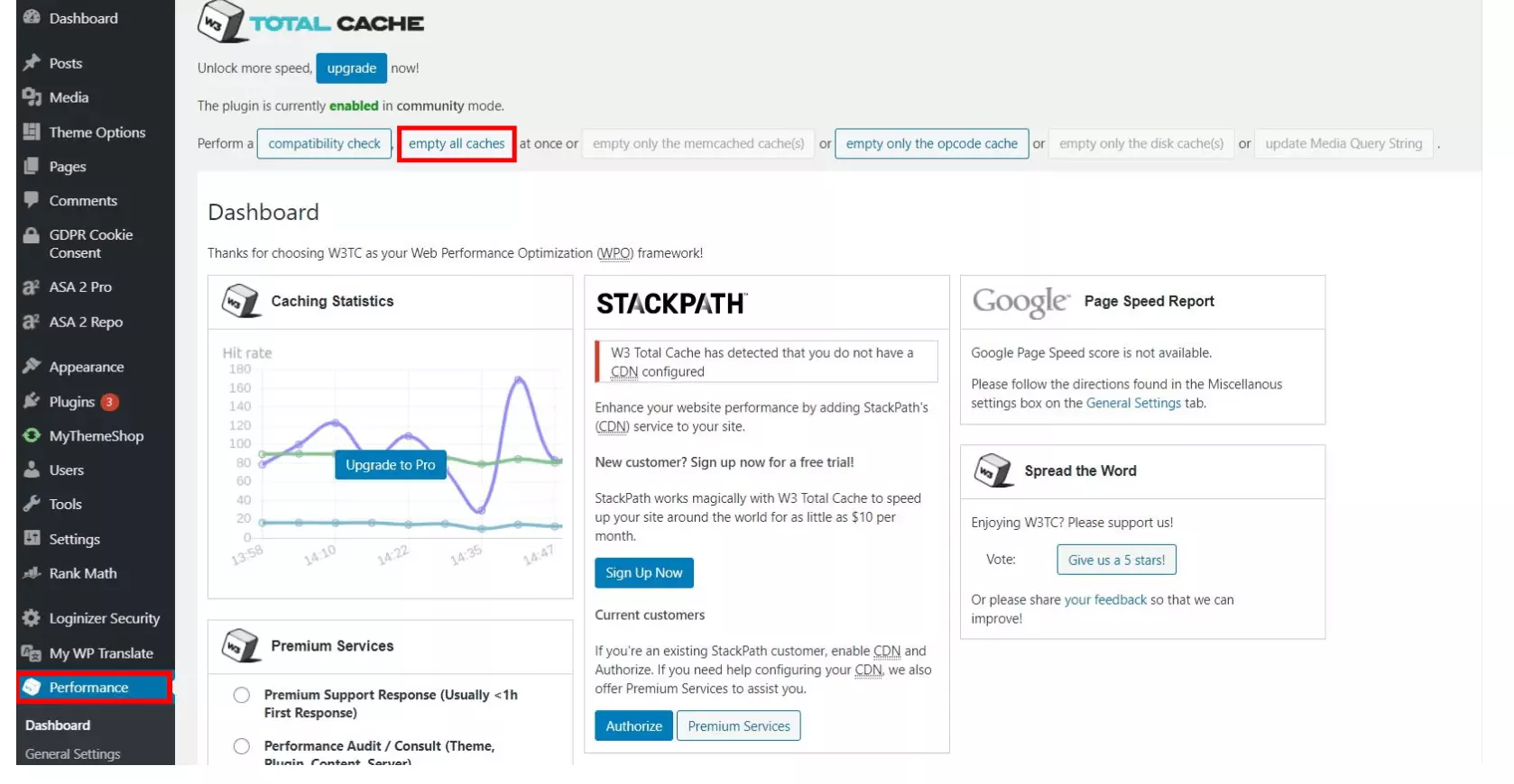 borrar la caché de WordPress desde el menú de configuración