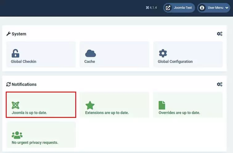 Dashboard de Joomla: comprobación de versión