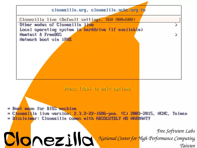 Menú de arranque de Clonezilla Live: menú para seleccionar el modo operativo