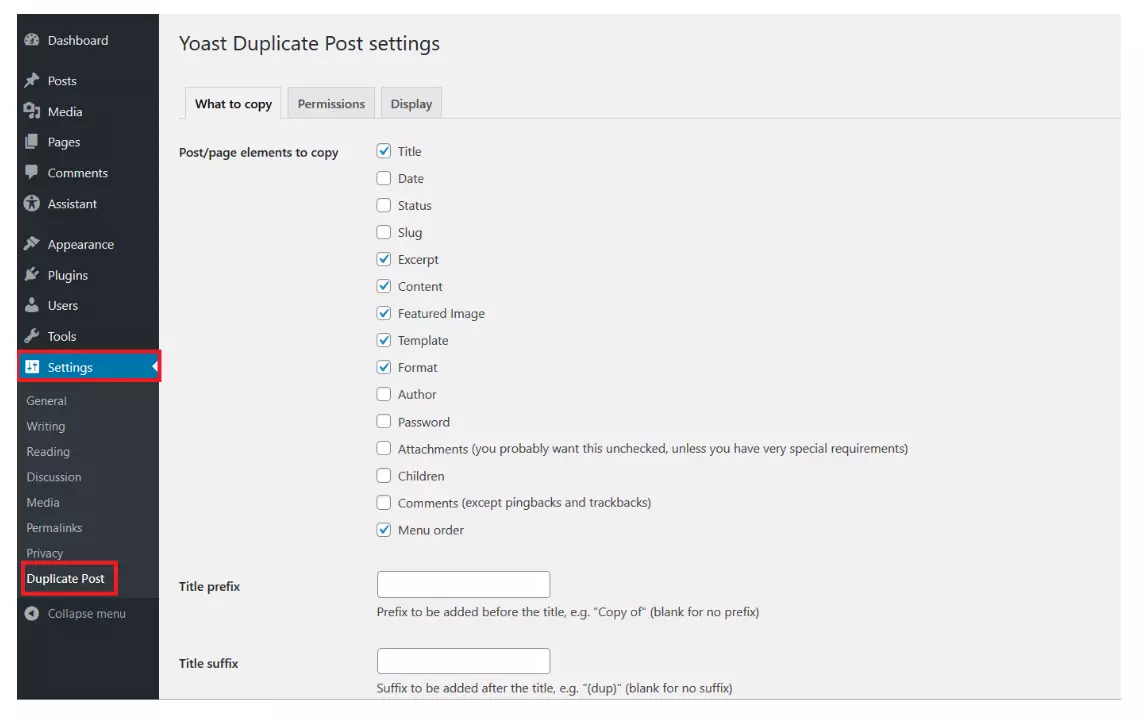 Opciones de configuración de Yoast Duplicate Post 