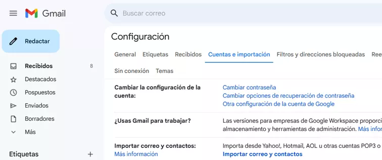 Pestaña Cuentas e Importación en la configuración de Gmail