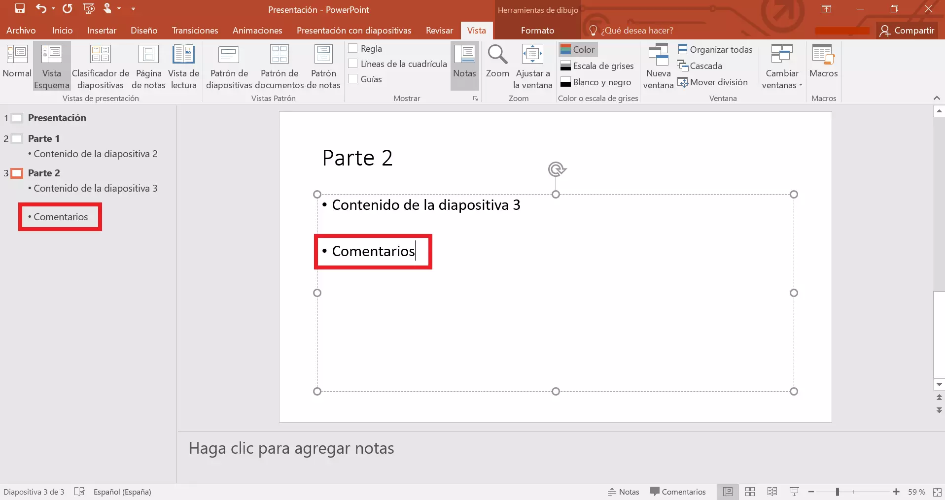 Vista Esquema en PowerPoint: editar contenido