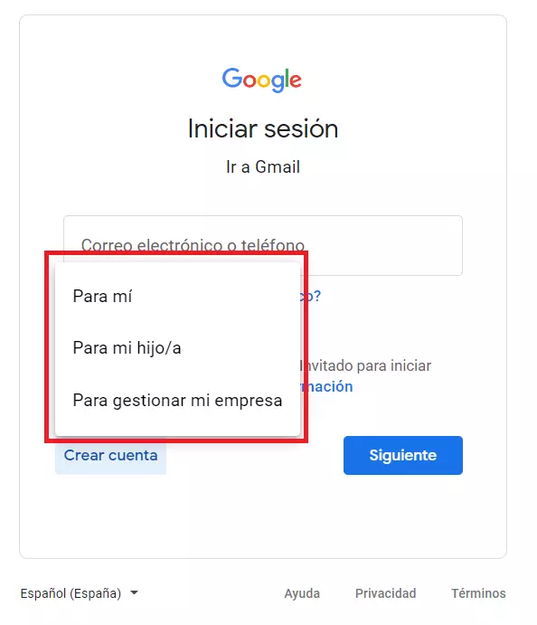 Opciones para crear una cuenta en la página de registro de Google