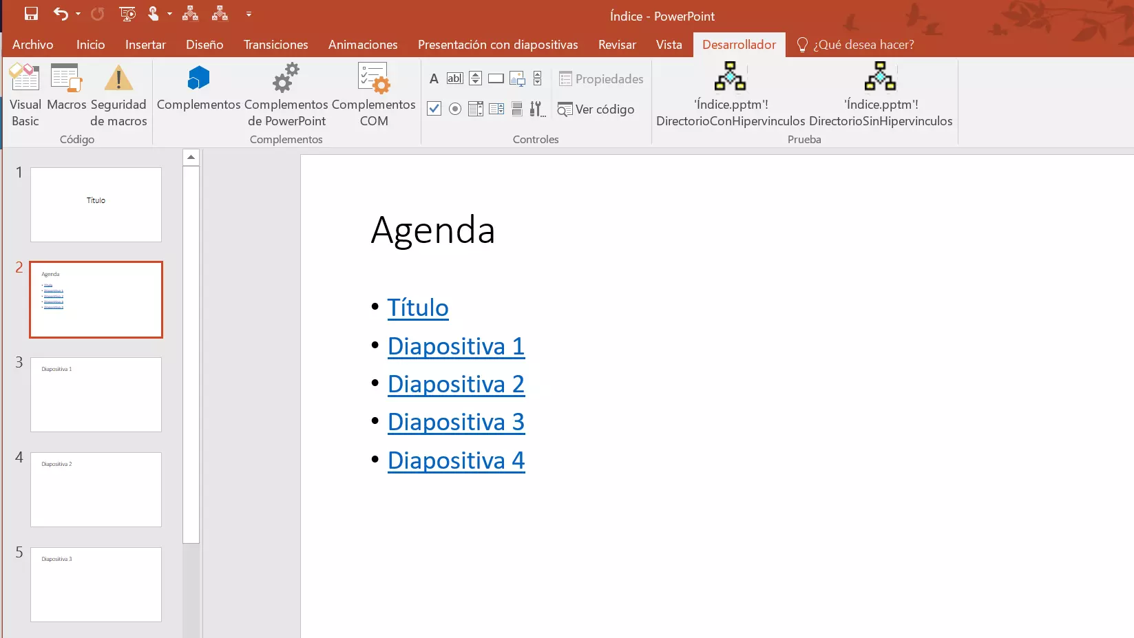 PowerPoint 2016: ejemplo de diapositiva con índice