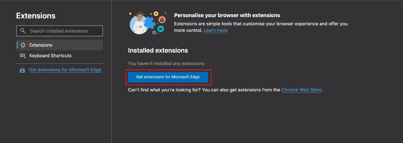 Accede a la tienda de complementos seleccionando "Descargar extensiones para Microsoft Edge"