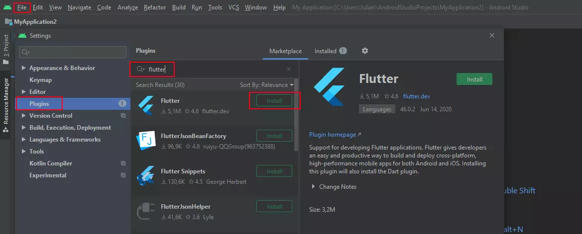 Instalación del plugin de Flutter en Android Studio