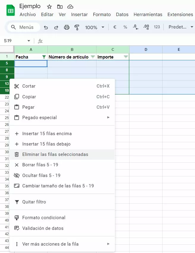 Captura de pantalla del menú desplegable en Google Sheets