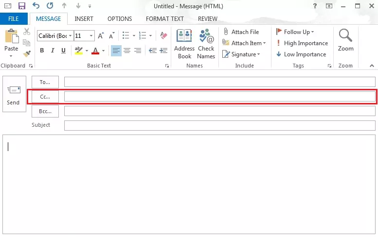 Microsoft Outlook 2016: los campos de direcciones Para, CC y CCO en un mensaje.