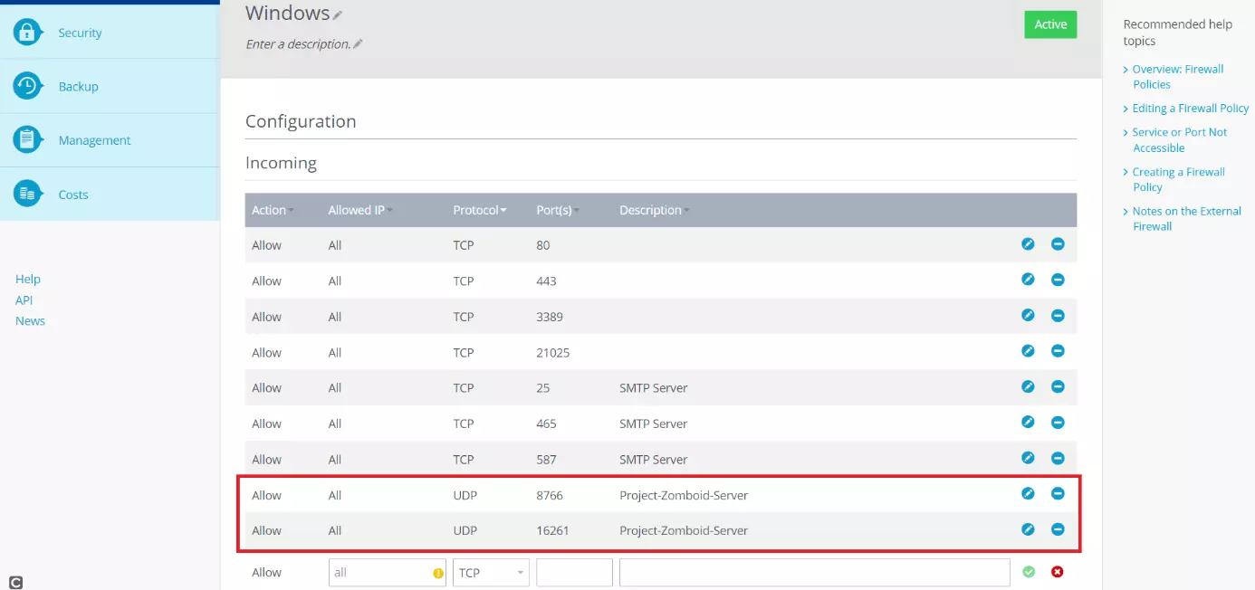 Lista de los puertos habilitados en el Cloud Panel