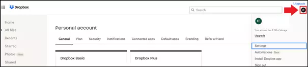 La página de la cuenta de Dropbox del perfil del usuario