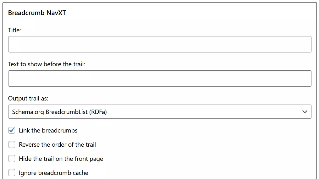 Captura de pantalla de las opciones de configuración del Breadcrumb NavXT en Widgets