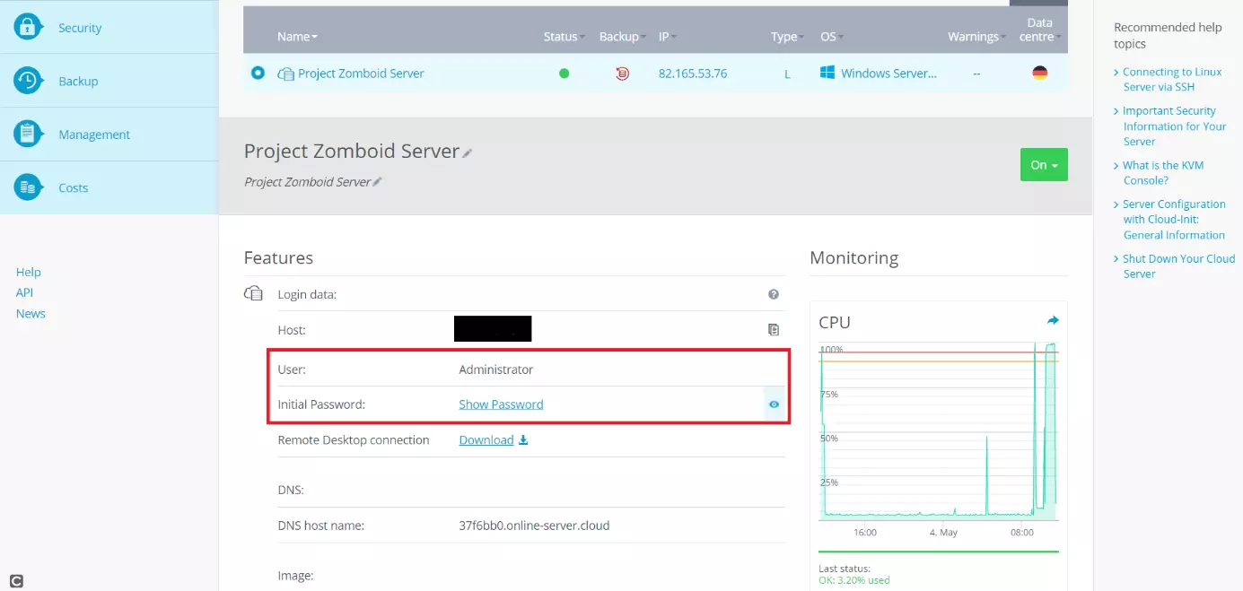 Datos de inicio de sesión de tu servidor en el Cloud Panel