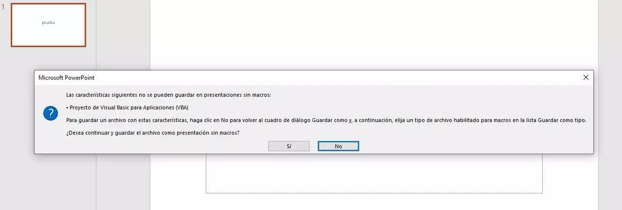 Microsoft PowerPoint: mensaje de advertencia en el momento de guardar la macro
