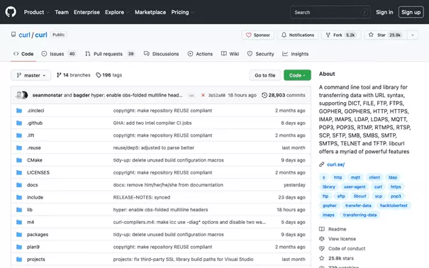 Página de resumen del repositorio cURL