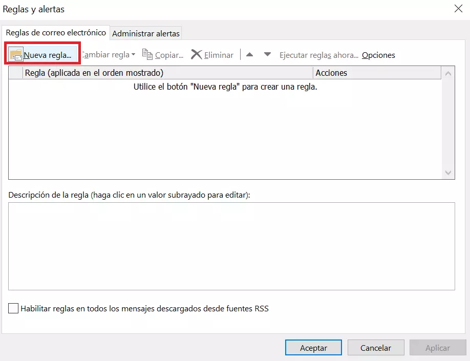 Outlook 365: cuadro de diálogo de Reglas y alertas