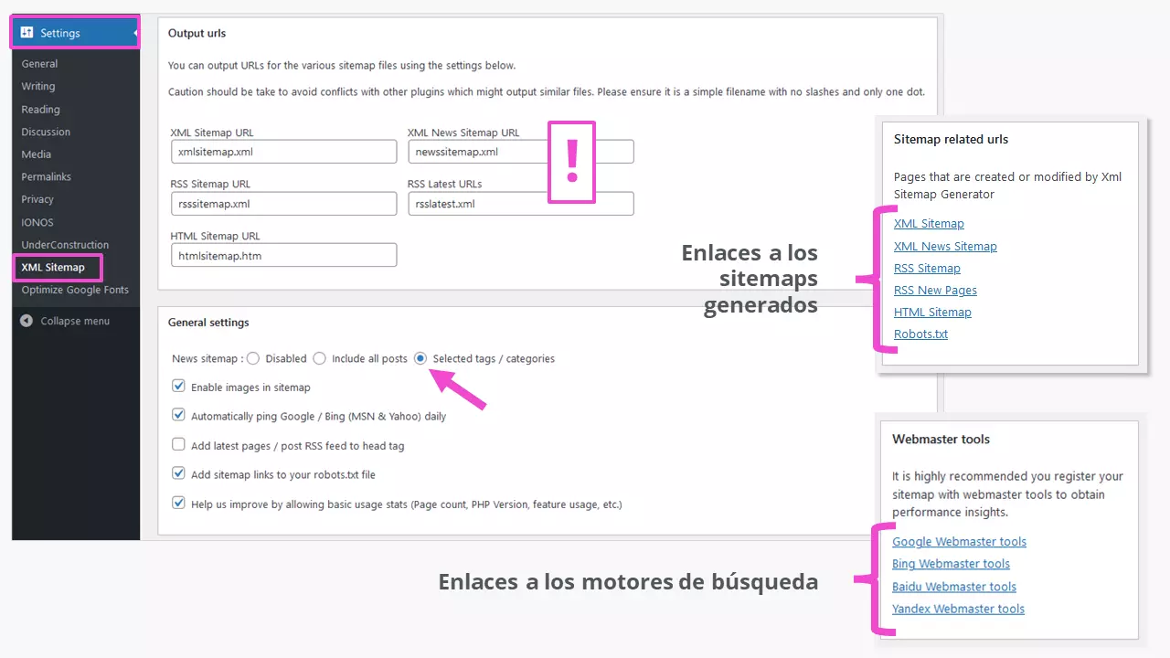 La parte superior de la interfaz de administración del plugin “XML Sitemap Generator for Google”