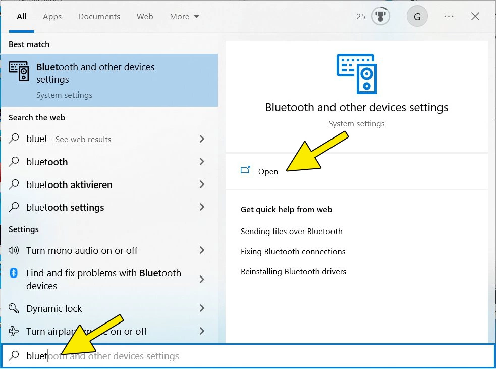 Captura de pantalla de Windows 10: barra de búsqueda y resultado de la búsqueda “Configuración de Bluetooth y otros dispositivos”