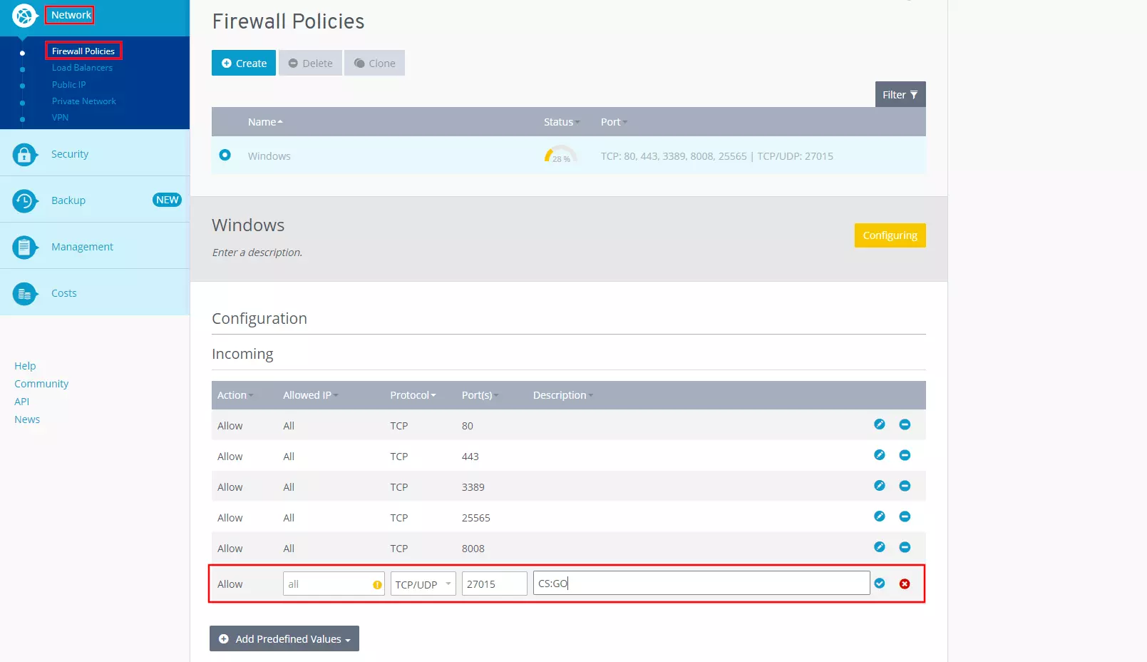 Políticas de Firewall en IONOS Cloud Panel