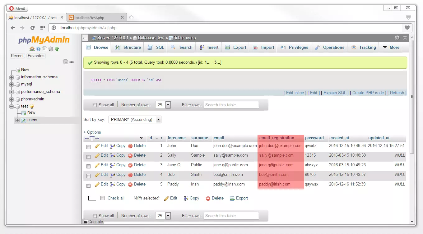 phpMyAdmin: vista de la tabla actualizada según UPDATE