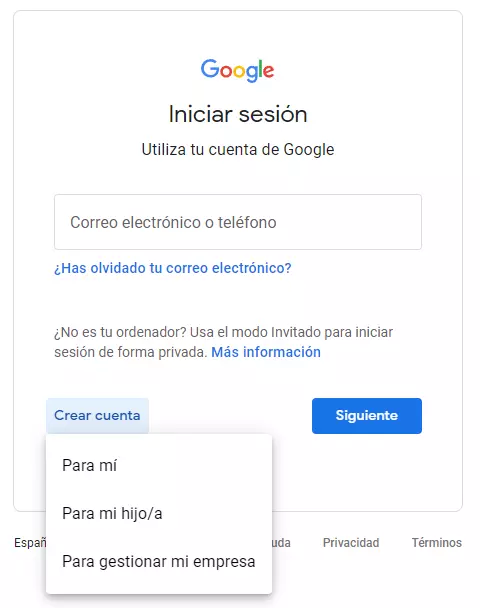 Captura de pantalla del paso 2 para crear una cuenta en Google