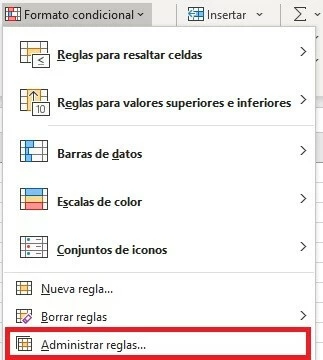 Menú “Formato condicional” en Excel.