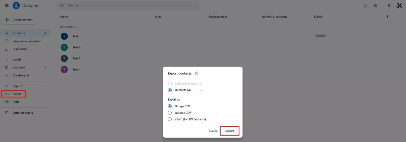 Exportar los contactos de Google: exportar todos los contactos guardados.