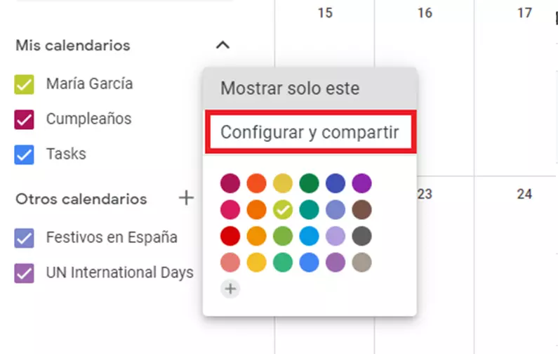 Google Calendar: Menú de “Configurar y compartir”