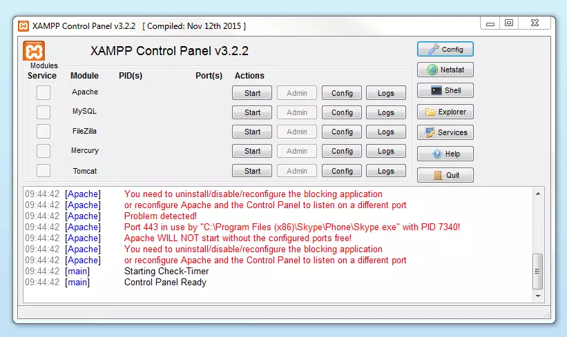 Módulos inactivos y notificaciones de error en el Panel de Control de XAMPP