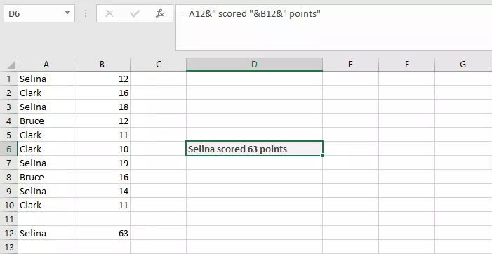 Concatenación de varias celdas y texto en una tabla Excel