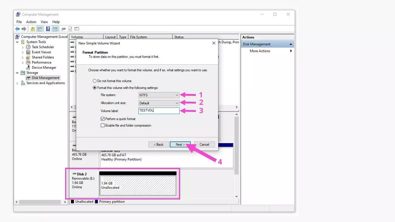 Administración de discos de Windows con el menú para crear particiones 