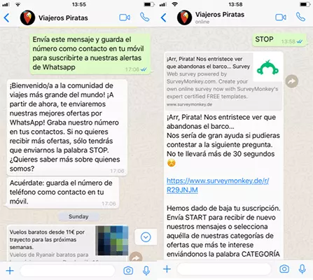 Ejemplos de mensajes al registrarse en una newsletter en WhatsApp y cancelarla