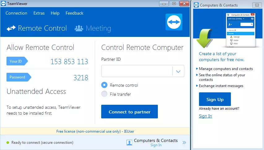 Ventana de TeamViewer donde se puede configurar el control remoto