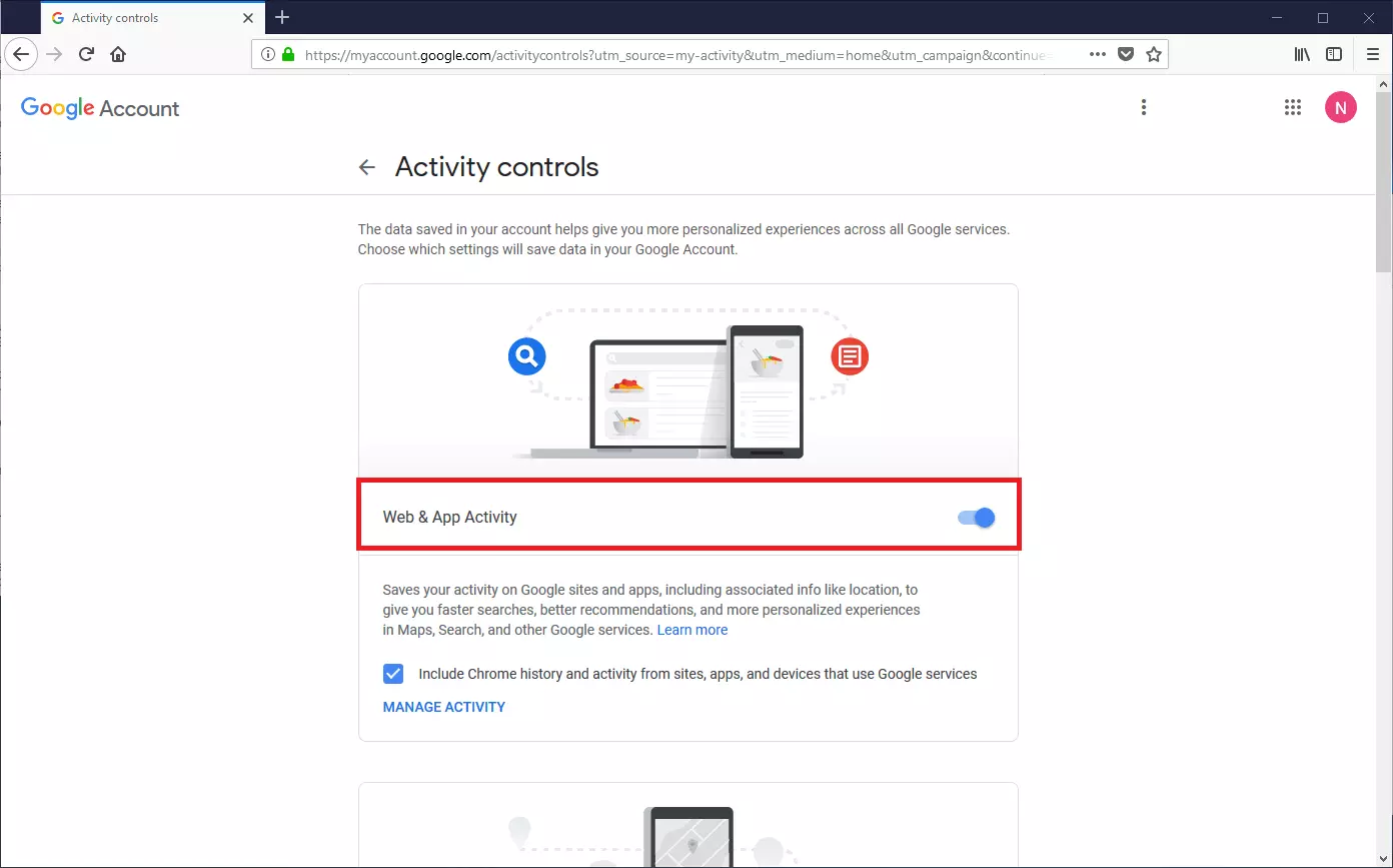 Configuración de actividad de Google.