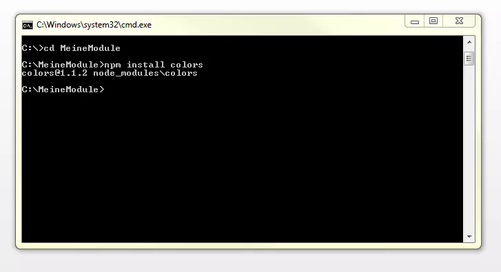 instalación del módulo “colors” en la carpeta C:\NodeModules creada previamente. 