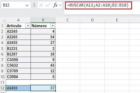 Campo de búsqueda simple con la función BUSCAR en Excel