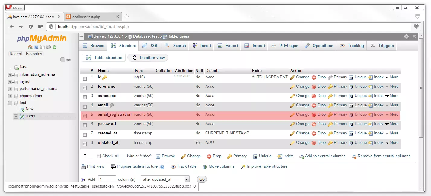 phpMyAdmin: pestaña “Structure”