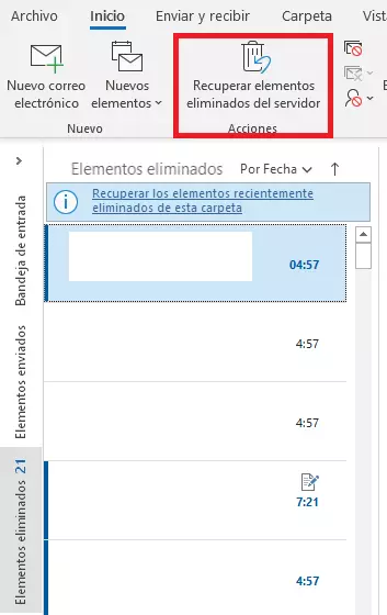 Recuperar elementos eliminados de Outlook desde el servidor