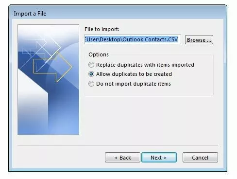 Outlook 2016: menú “Importar archivo” (“Import a File”)