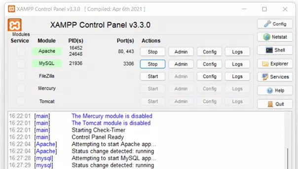 Panel de control de XAMPP: Apache y MySQL iniciados