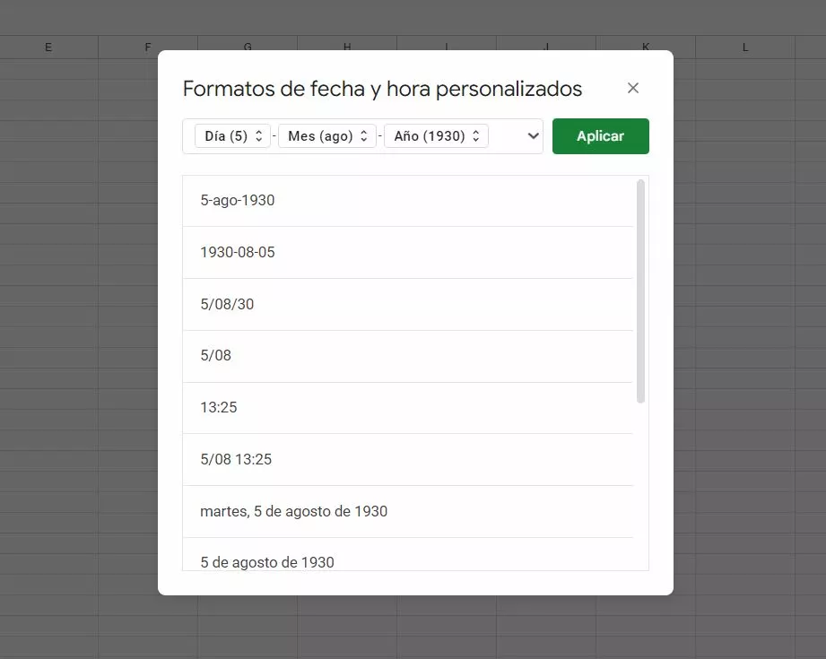 Captura de pantalla de los diferentes formatos de fecha