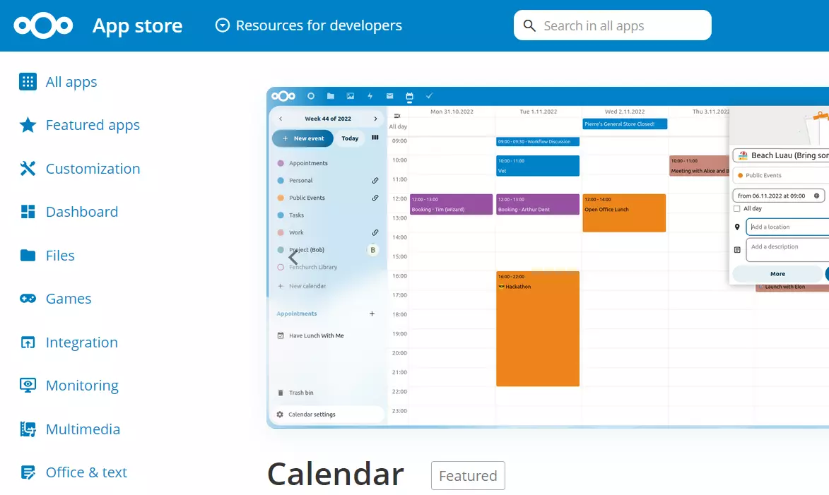 Calendar en Nextloud App Store