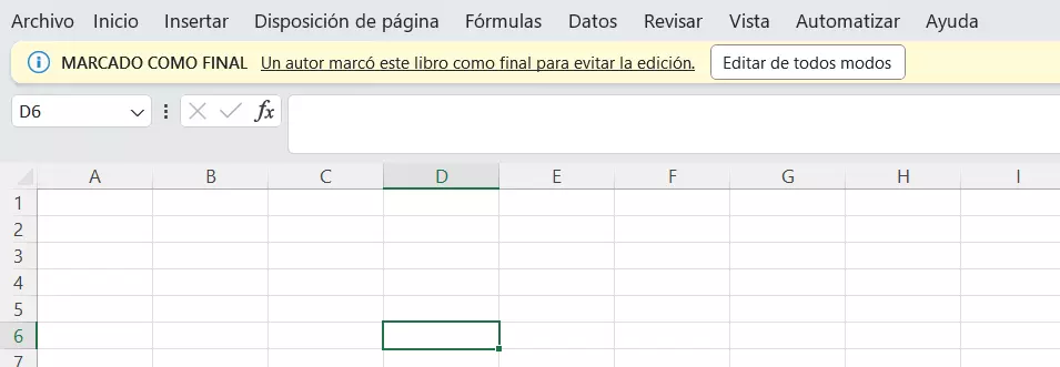 Barra de estado: el archivo de Excel se ha marcado como final